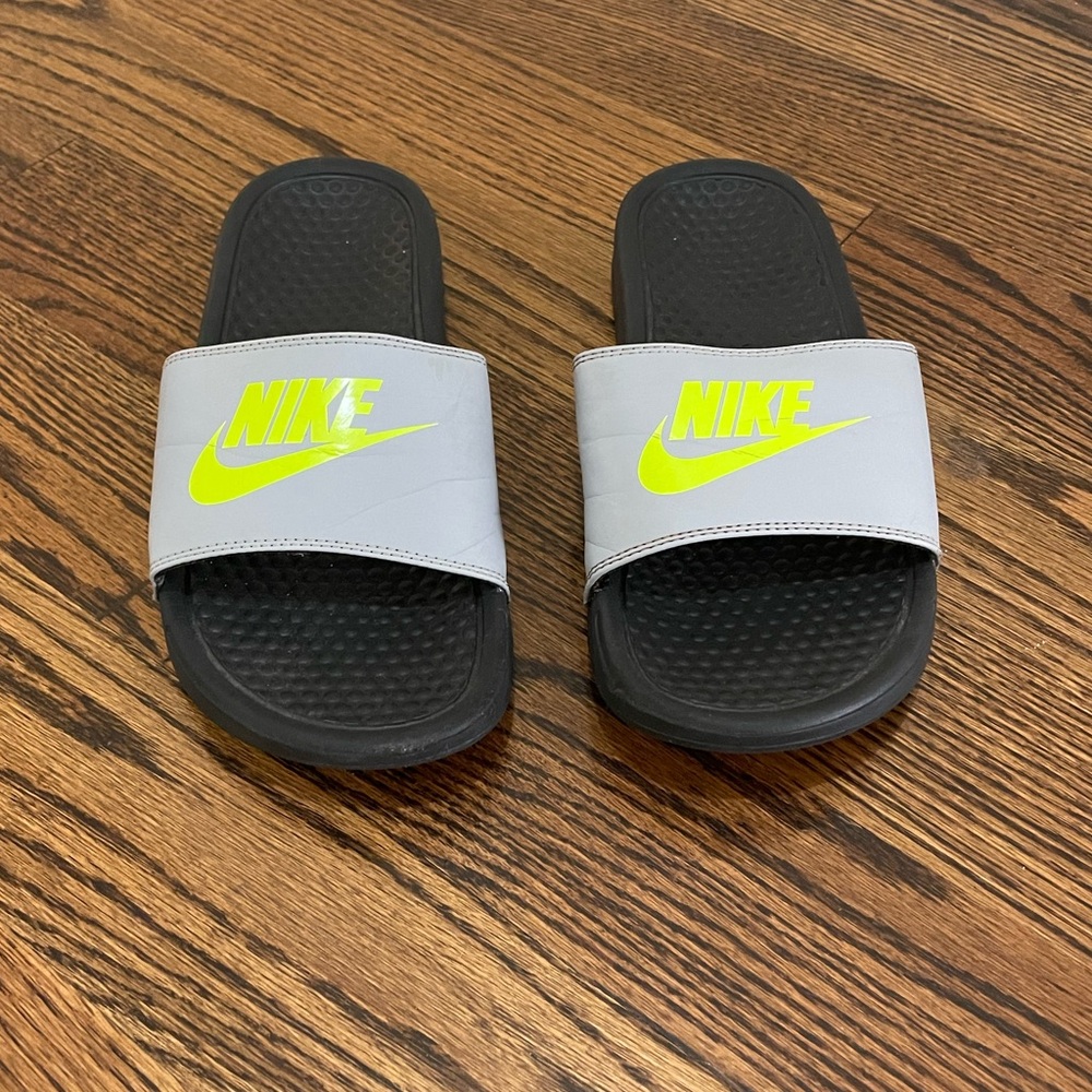 Nike slides/sandals.  Grey/lime green